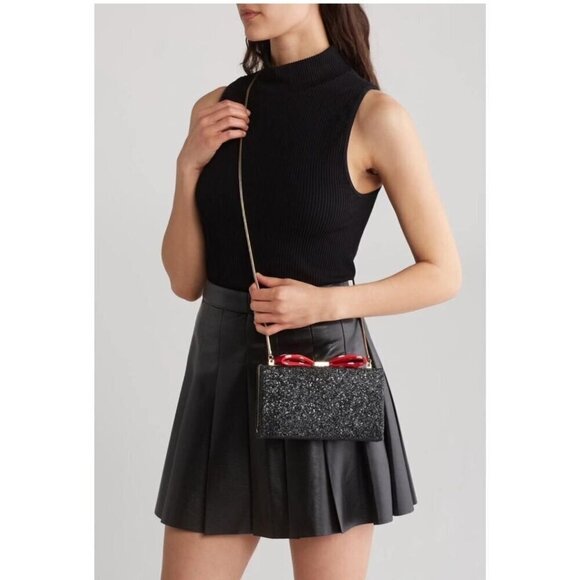 Kate Spade Womens Black Glitter Minnie Mouse Polka Dot Bow Clasp clutch Bag New - Picture 4 of 15